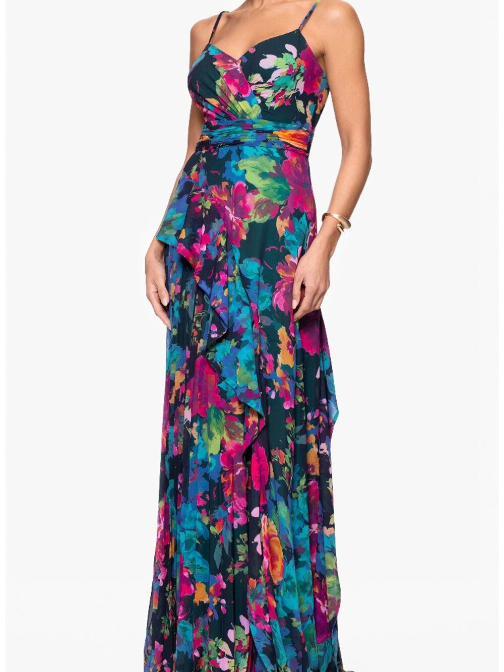 Xscape Multi Color Printed Pleated Chiffon Maxi Cocktail Dress